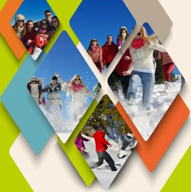 Photo poster 50x50 cm - Graphic design featuring diamond shapes with various images of people in the snow.