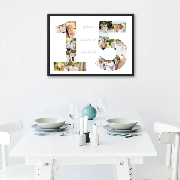 Photo poster 50x70 cm - Dining room arrangement with a table set with white plates and candles, light chairs.