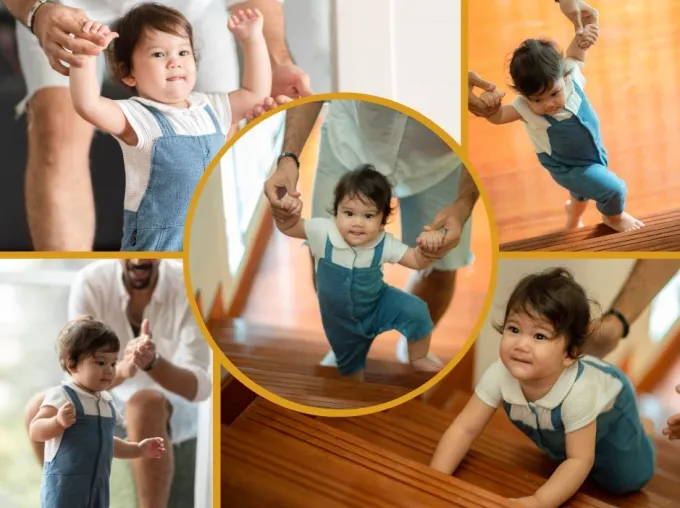Photo poster 50x70 cm - Graphic design. Set of photos of a child in a blue jumpsuit on the stairs.