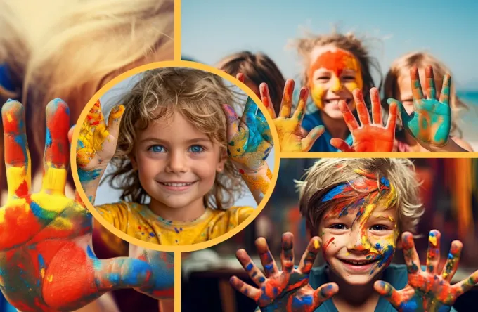 Photo poster 50x70 cm - Graphic design. Children with colorful hands on various backgrounds.