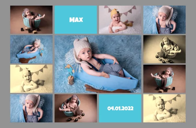 Photo poster 50x70 cm - Graphic design. Colorful child photos in various poses on a blue and gray background.