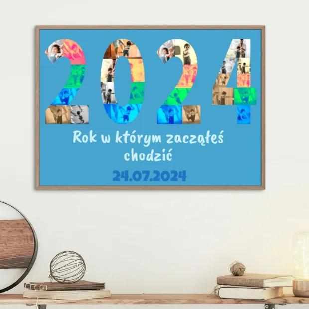 Photo poster 70x100 cm - Graphic design with large colorful 2024 numbers and images, text on a blue background.