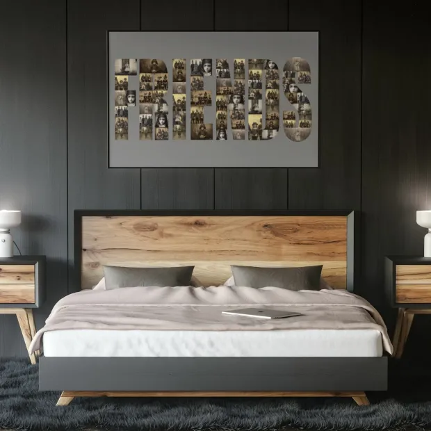 Photo poster 70x100 cm - Bedroom arrangement. Dark walls, wooden furniture, minimalist style.