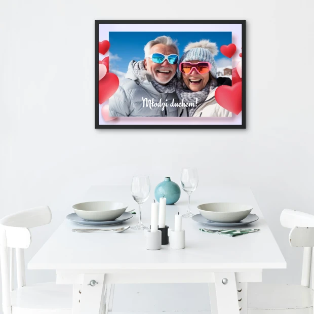 Poster 30x40 cm for couples - Dining room setup with a white tablecloth, plates, and candles.