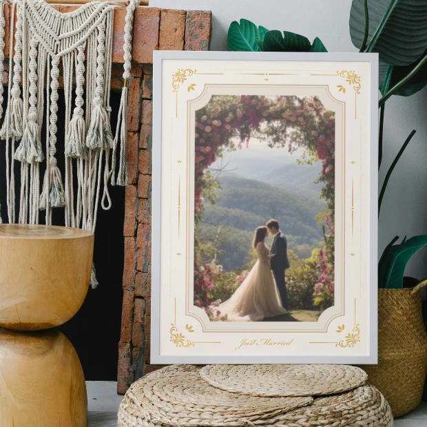 40x50 cm poster for lovers - Living room arrangement with light walls, natural materials, and plants.