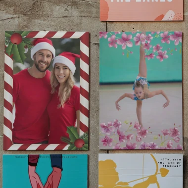 Poster 50x70 cm for special occasions - Graphic design featuring a couple in red shirts with decorations.