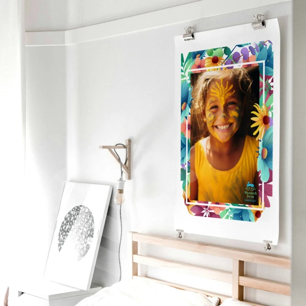 Photo poster 70x100 cm - Bedroom arrangement with light-colored walls and minimalist furniture.