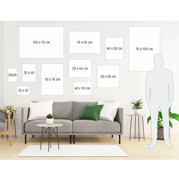 Photo collage gift in the form of a 50x70 cm print - Living room arrangement with light walls and furniture in shades.