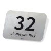 Address plaque with number for fence or home - Graphic design. Simple shape, large digits, text on metallic background.
