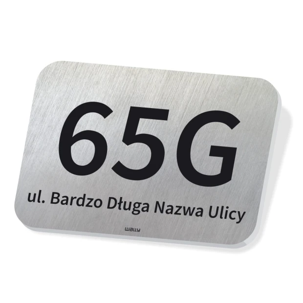 Address plaque with number for fence or home - Graphic design. Simple shape, large digits and text on metal.