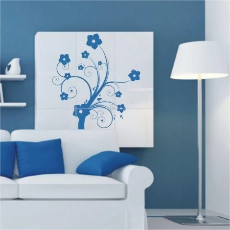 Elegant floral sticker 0791 in vibrant blue, brightening up a modern white living room.