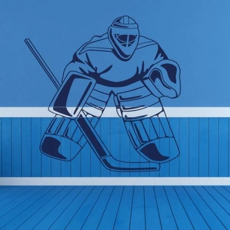 Dynamic hockey goalie sticker in blue, perfect for a young fan\'s room.