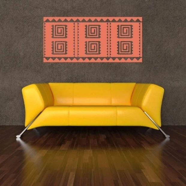 Mexican sticker 61 in vibrant colors, perfect for a modern living room with a yellow sofa.