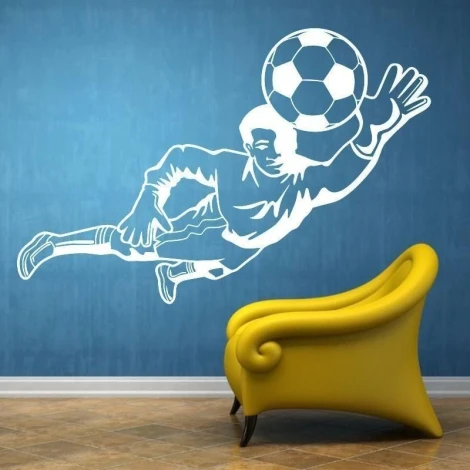 Goalkeeper painting template 1163 - Room setup. Blue wall with a graphic of a goalkeeper in action.