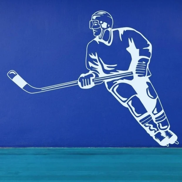 Hockey player painting stencil 1169 - Graphic design of a moving player with a stick on a rectangular background.