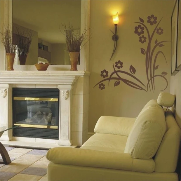 Japanese painting template 74 - Living room arrangement. Light walls with plant elements next to the fireplace.