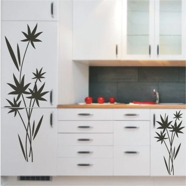 Japanese painting template 03 - Kitchen arrangement. Light furniture with a dark countertop, botanical graphics on the walls.