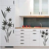 Japanese painting template 03 - Kitchen arrangement. Light furniture with a dark countertop, botanical graphics on the walls.