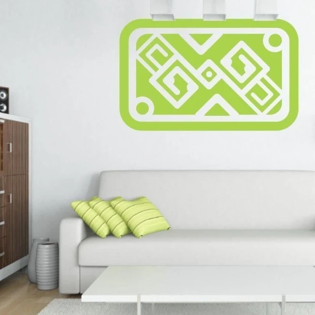 Mexican painting template 28 in a modern living room, adding energy with vibrant green and geometric patterns.