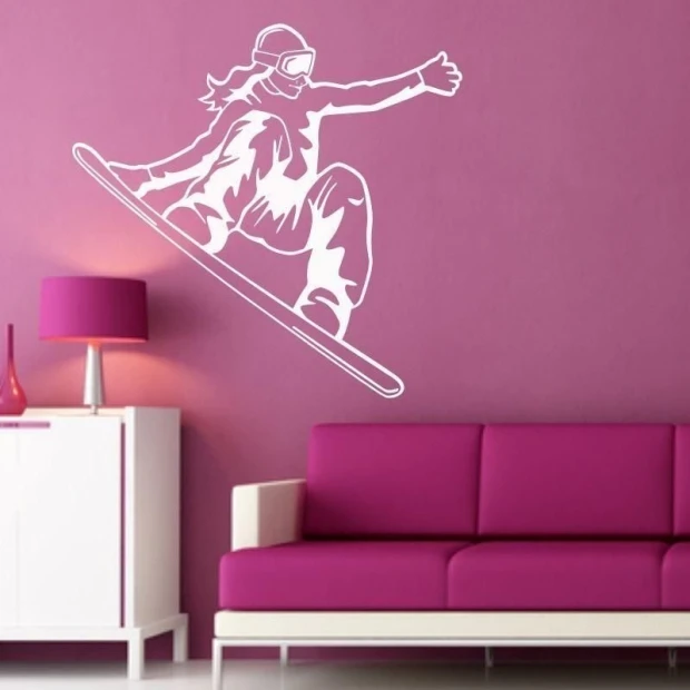 Snowboard painting template 1157 - Living room setup with purple walls and modern light-colored furniture.