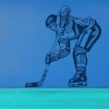 Dynamic hockey player sticker on a vibrant blue wall, perfect for a young athlete\'s room.
