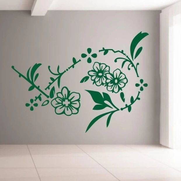 Revitalizing wall sticker with deep green flowers for a modern living room, adding a touch of freshness.