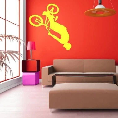 Dynamic bike sticker 004 in vibrant yellow, perfect for energizing a modern living room.