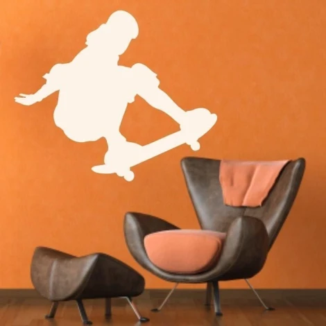 Dynamic skater sticker 1017 in a stylish setup on an orange wall, perfect for modern decor.