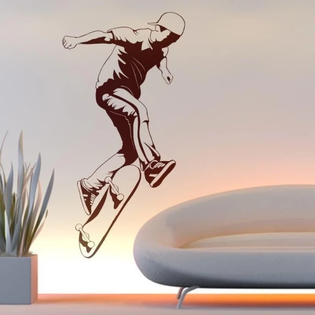 Dynamic skater sticker 1020 in a modern living room, adding energy and style to a youthful decor.
