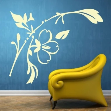 Elegant floral painting template 025 in a modern interior with a blue wall and a yellow armchair.