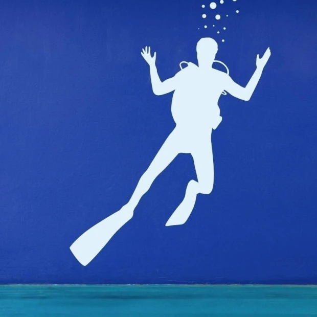 Stylish diver template 02 on a deep blue wall, perfect for a nautical-themed children\'s room.