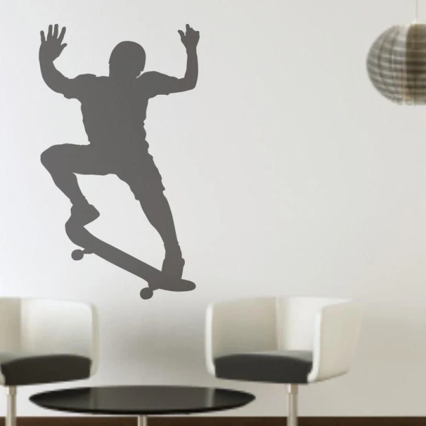 Dynamic skateboarder silhouette in shades of gray, perfect for a modern youth room.