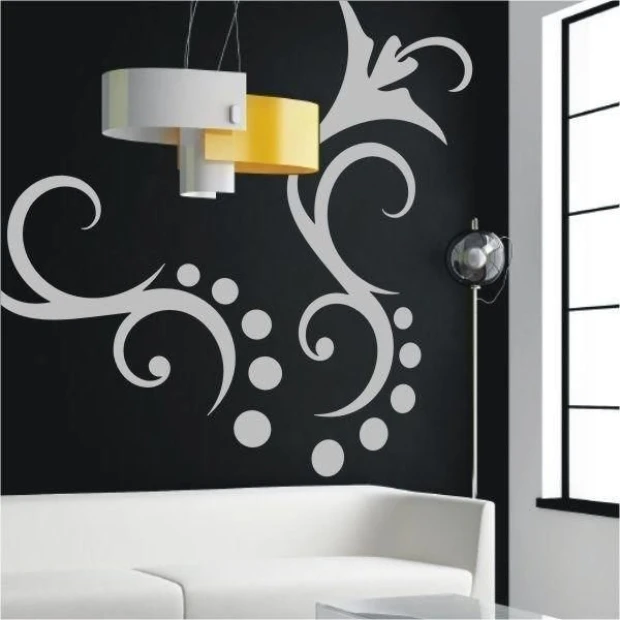 Flower sticker 023 in a modern living room against a black wall adds elegance and lightness to the space.