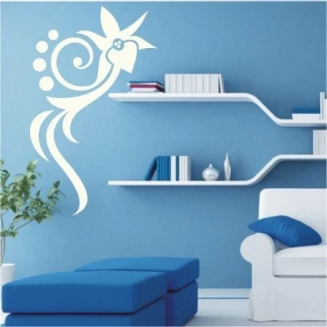 Stylish floral sticker 051 in a modern living room, perfect for brightening up a blue wall.