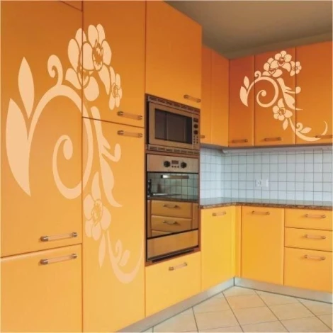 Stylish flower sticker 061 in a modern kitchen, adding freshness and elegance to orange cabinets.