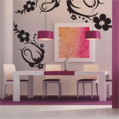 Elegant floral sticker 096 in a modern dining room, harmoniously blending black with purple accents.