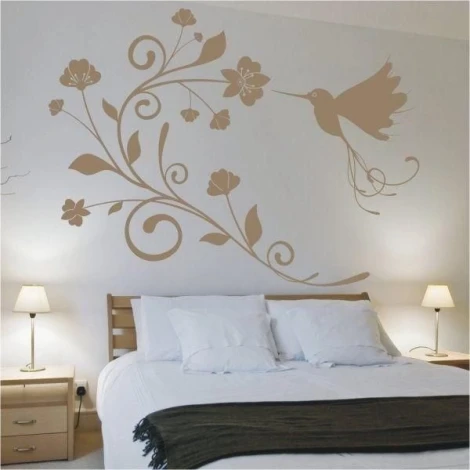 Hummingbird flower painting template 1099 - Bedroom decor with light walls, simple furniture, and minimalist style.