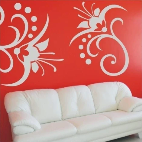 Floral painting template 092 in a modern living room on a vibrant red wall, adding energy.