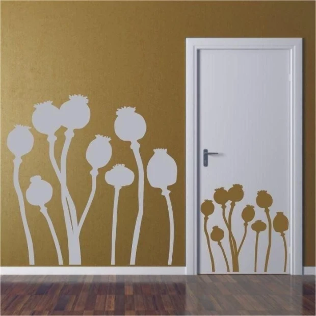 Poppy painting template 1073 - Room arrangement with a brown wall and white poppies.