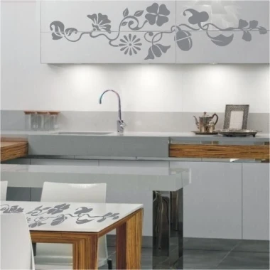 Climbing plant painting template 011 - Kitchen arrangement with modern gray and wood furniture.
