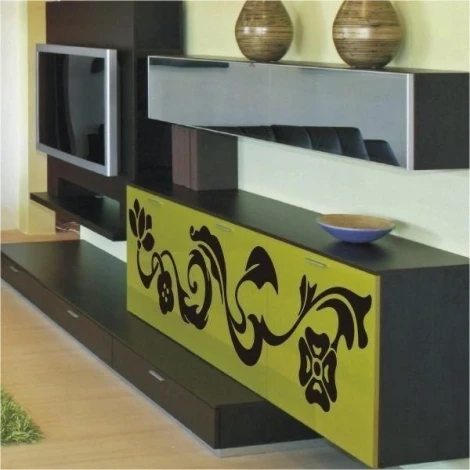 Climbing plant painting template 031 - Living room setup with brown and green furniture, light-colored walls.