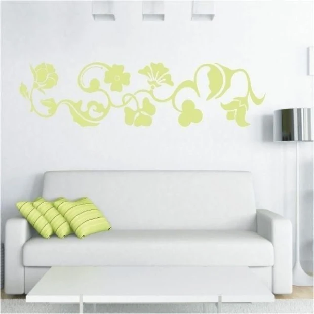 Climbing plant painting template 034 - Living room arrangement with light walls and minimalist furniture.
