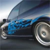 Dynamic bull sticker 09 with blue flames, perfect for decorating a sports car and enhancing its look.