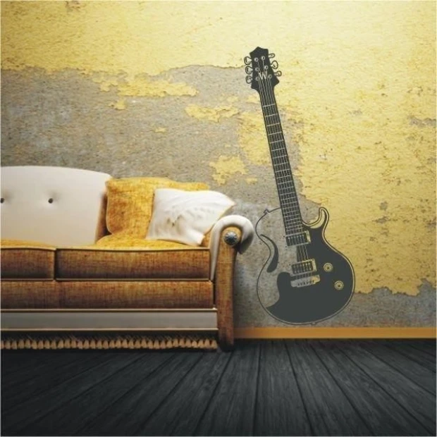 Guitar painting template 1048 - Living room setup with yellow walls and warm-toned furniture.