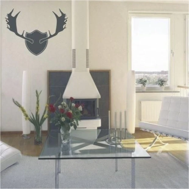 Painting template antlers 1064 - Living room arrangement. Light walls, modern furniture, and a fireplace.