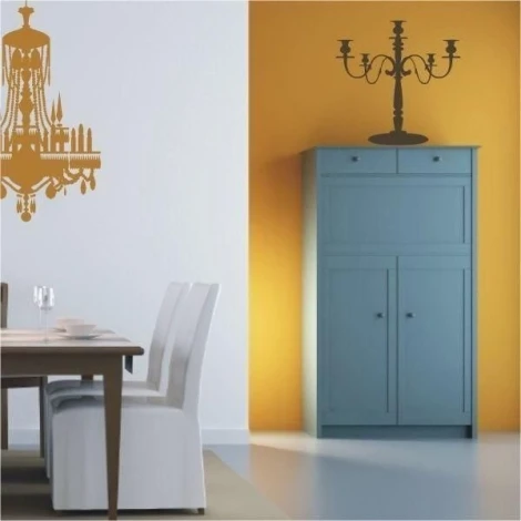 Candle holder painting template 1056 - Dining room setup with two-tone walls and blue furniture.