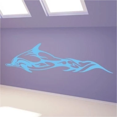 Stylish dolphin painting template in pastel shades on the wall of a modern children\'s room.