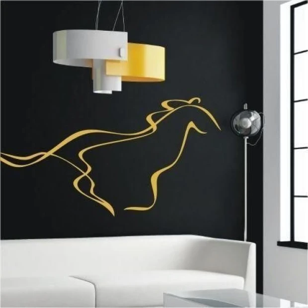 Elegant horse painting template 08 in a modern interior, adding dynamism to a black wall in a minimalist style.