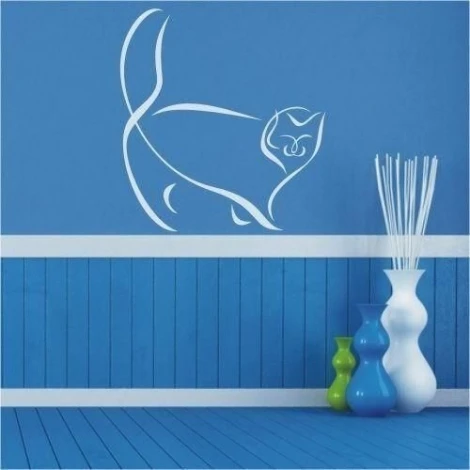 Stylish cat sticker on a blue wall, perfect for modern interiors, adding a touch of lightness and charm.