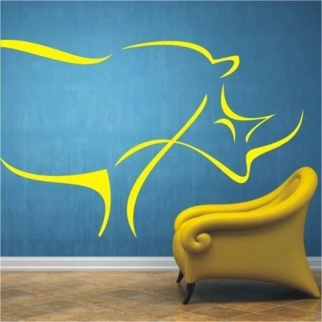 Stylish yellow rhinoceros sticker, perfect for a modern interior with blue accents.